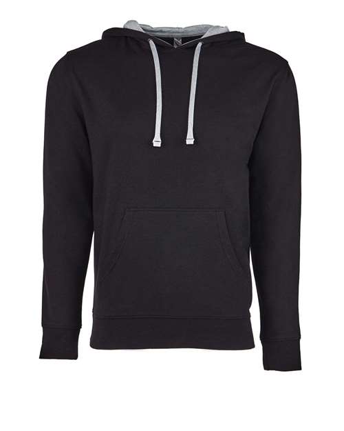 The Next Level 9301 is a plain black cotton-polyester hoodie with a front pocket, light gray drawstrings, and soft French terry fleece, shown on a white background.
