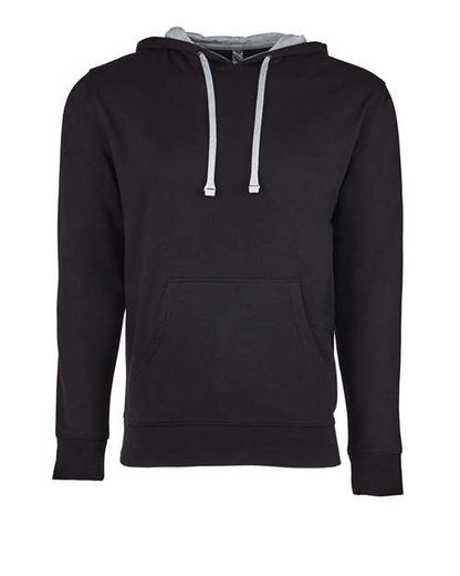 The Next Level 9301 is a plain black cotton-polyester hoodie with a front pocket, light gray drawstrings, and soft French terry fleece, shown on a white background.