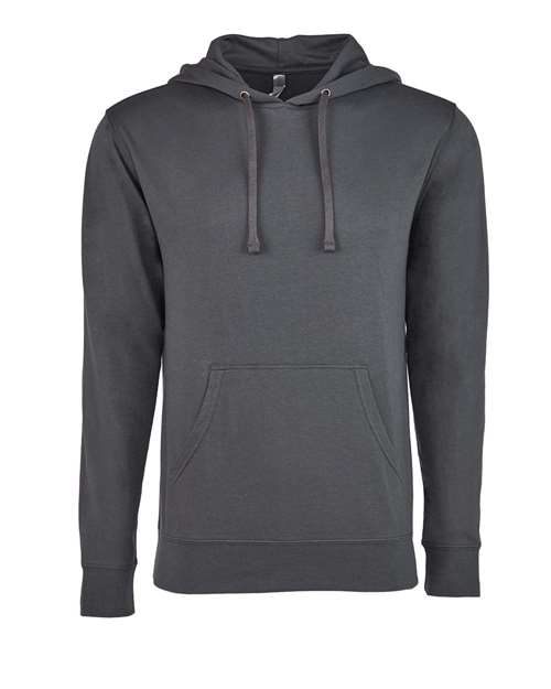 The Next Level 9301 hoodie is a dark gray cotton-polyester french terry fleece with drawstrings and a front kangaroo pocket, shown on a white background.