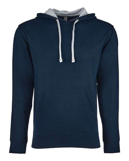 The Next Level 9301 is a navy hoodie made from soft cotton-poly French terry fleece, featuring long sleeves, a front kangaroo pocket, light gray drawstrings and hood lining, and a simple casual design.