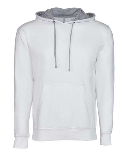 The Next Level 9301 is a plain white cotton-poly hoodie with a front pocket, long sleeves, and a drawstring hood lined with light gray French terry fleece, crafted for comfort through socially conscious manufacturing.