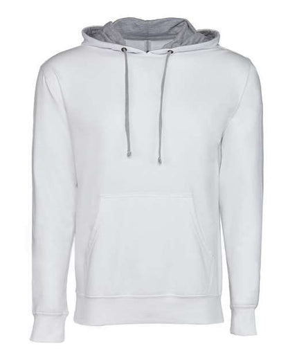 The Next Level 9301 is a plain white cotton-poly hoodie with a front pocket, long sleeves, and a drawstring hood lined with light gray French terry fleece, crafted for comfort through socially conscious manufacturing.