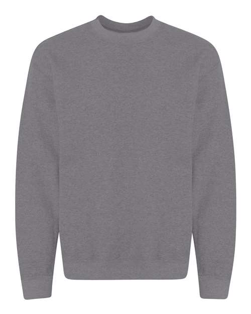 The Gildan 18000 is a solid gray, long-sleeved crewneck Heavy Blend sweatshirt made using sustainable manufacturing, shown on a white background.
