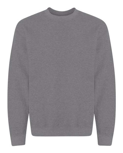 The Gildan 18000 is a solid gray, long-sleeved crewneck Heavy Blend sweatshirt made using sustainable manufacturing, shown on a white background.