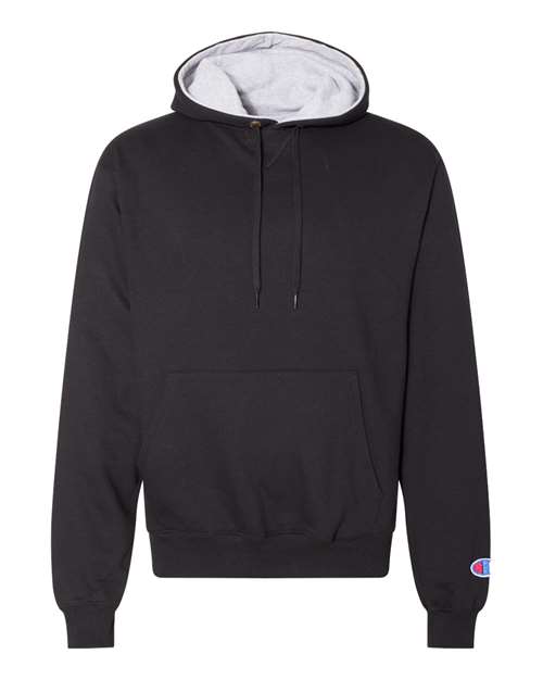 The Champion S171 is a black cotton-polyester hoodie featuring a pouch pocket, drawstrings, gray inner hood lining, and the Champion embroidered logo on the left sleeve near the wrist.
