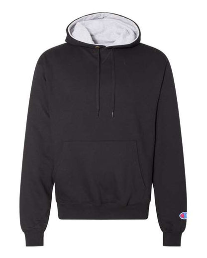 The Champion S171 is a black cotton-polyester hoodie featuring a pouch pocket, drawstrings, gray inner hood lining, and the Champion embroidered logo on the left sleeve near the wrist.