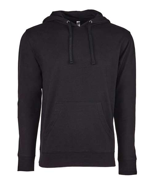 The Next Level 9301 is a black cotton-polyester hoodie with a front kangaroo pocket, drawstrings, and soft French terry fleece, shown against a white background.