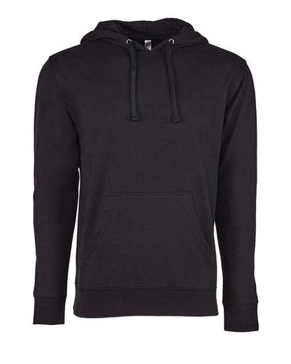 The Next Level 9301 is a black cotton-polyester hoodie with a front kangaroo pocket, drawstrings, and soft French terry fleece, shown against a white background.