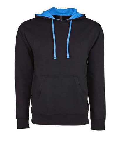 The Next Level 9301 is a black cotton-polyester hoodie with a front pocket, bright blue lined hood, matching blue drawstrings, and soft French terry fleece, shown on a plain white background.