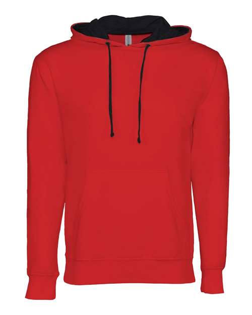 The Next Level 9301 hoodie features a red cotton-polyester blend, black inner hood and drawstrings, front pocket, and soft French terry fleece, shown on a white background.