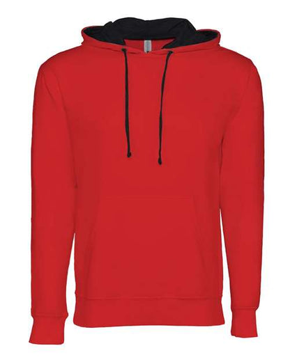 The Next Level 9301 hoodie features a red cotton-polyester blend, black inner hood and drawstrings, front pocket, and soft French terry fleece, shown on a white background.