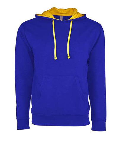 The Next Level 9301 hoodie features royal blue French terry fleece, a front pouch pocket, yellow hood lining and drawstrings. Made for comfort with ethical manufacturing, it's presented against a white background.