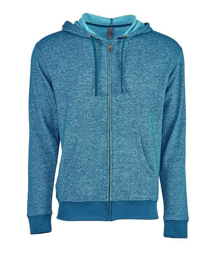The Next Level 9600 is a blue cotton-polyester hoodie in heather denim fleece, featuring an antique brass YKK zipper, hood with drawstrings, front pockets, and ribbed cuffs and hem, shown on a white background.