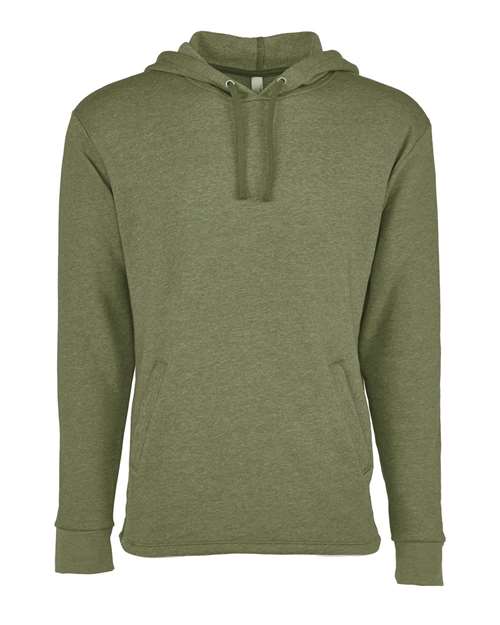 Next Level 9300 olive green hoodie made from soft cotton-polyester fleece with long sleeves, front kangaroo pocket, and neck drawstrings. Ethically produced; shown on a plain white background.