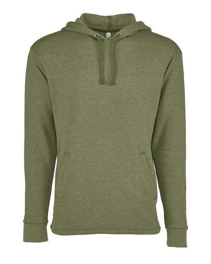 Next Level 9300 olive green hoodie made from soft cotton-polyester fleece with long sleeves, front kangaroo pocket, and neck drawstrings. Ethically produced; shown on a plain white background.