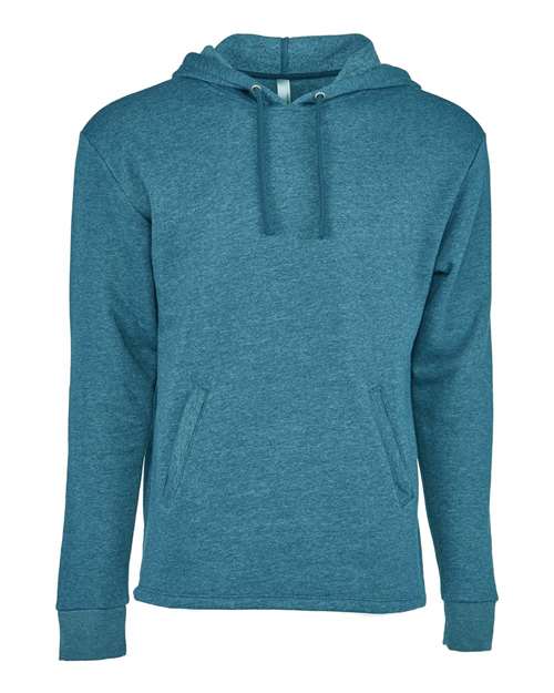 The Next Level 9300 is a plain teal hoodie crafted from soft cotton polyester fleece with long sleeves, front pocket, and drawstrings. Displayed on a white background and made with socially conscious manufacturing.