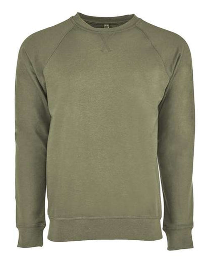 The Next Level 9000 is an olive green, long-sleeve crew neck sweatshirt made from soft cotton-polyester fleece with a classic v-notch neck, shown against a white backdrop.
