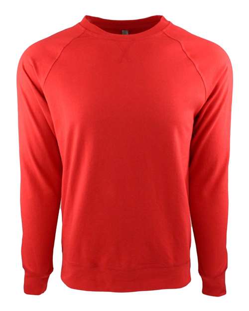 The Next Level 9000 is a plain, long-sleeve crew neck sweatshirt in solid bright red, made from soft cotton polyester fleece and shown on a white background.