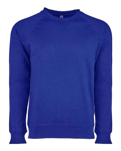The Next Level 9000 is a royal blue crew neck cotton-polyester fleece sweatshirt with long sleeves, ribbed cuffs and hem, shown on a white background and made using socially conscious practices.
