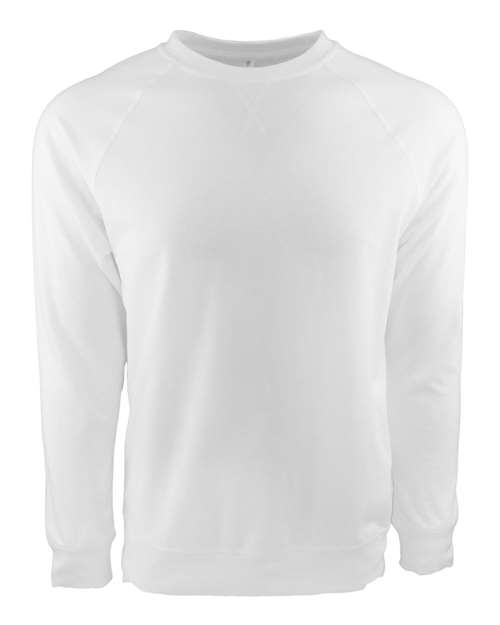 The Next Level 9000 is a plain white long-sleeve crewneck sweatshirt with raglan sleeves, made from soft cotton-polyester fleece. It features no visible logos, patterns, or designs and is shown on a white background.