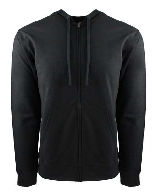 The Next Level 9601 is a black unisex cotton-polyester hoodie with a front zipper, hood drawstrings, two front pockets, and a tear away label for comfort, shown against a white background.