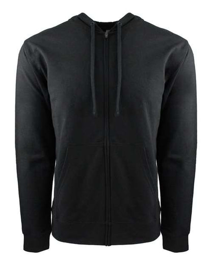 The Next Level 9601 is a black unisex cotton-polyester hoodie with a front zipper, hood drawstrings, two front pockets, and a tear away label for comfort, shown against a white background.