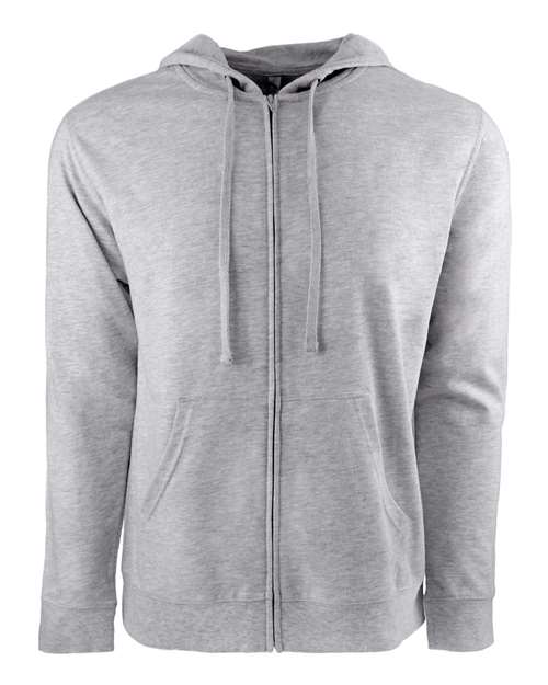 The Next Level 9601 is a plain light gray unisex hoodie made from a soft cotton-polyester blend with a hood, drawstrings, tear-away label, and two front pockets, shown against a white background.