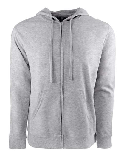 The Next Level 9601 is a plain light gray unisex hoodie made from a soft cotton-polyester blend with a hood, drawstrings, tear-away label, and two front pockets, shown against a white background.