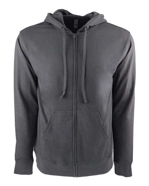 The Next Level 9601 is a unisex dark gray hoodie featuring a front zipper, drawstring hood, two front pockets, and a tear-away label, shown against a white background.
