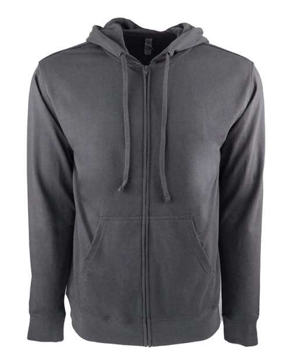 The Next Level 9601 is a unisex dark gray hoodie featuring a front zipper, drawstring hood, two front pockets, and a tear-away label, shown against a white background.