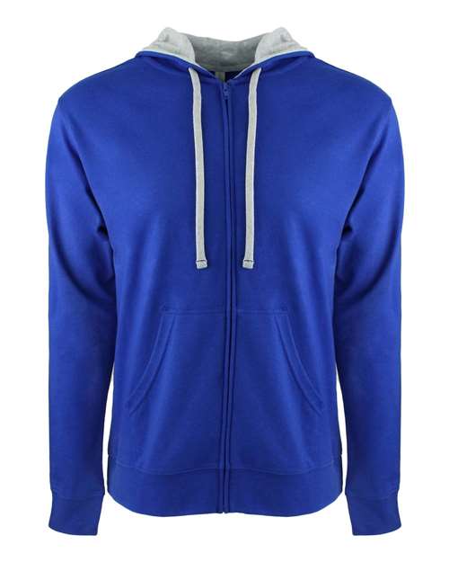 The Next Level 9601 is a royal blue unisex hoodie with front pockets, light gray drawstrings and inner hood lining, a tear away label, and soft cotton-polyester blend, shown on a plain white background.