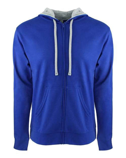 The Next Level 9601 is a royal blue unisex hoodie with front pockets, light gray drawstrings and inner hood lining, a tear away label, and soft cotton-polyester blend, shown on a plain white background.