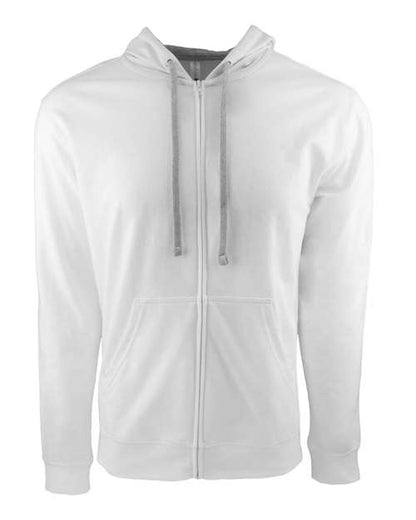 The Next Level 9601 is a unisex white zip-up hoodie, made from a soft cotton-poly blend. It features a front zipper, two pockets, drawstring hood, and tear-away label, shown on a white background.