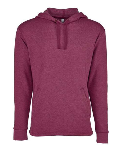 The Next Level 9300 is a maroon cotton-polyester fleece hoodie with a front pocket and drawstrings, shown on a white background. Made with socially conscious manufacturing.
