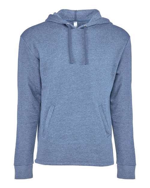 The Next Level 9300 is a blue cotton-polyester fleece hoodie with long sleeves, front pocket, and drawstring hood, displayed on a white background. Made sustainably with socially conscious manufacturing.