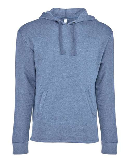 The Next Level 9300 is a blue cotton-polyester fleece hoodie with long sleeves, front pocket, and drawstring hood, displayed on a white background. Made sustainably with socially conscious manufacturing.