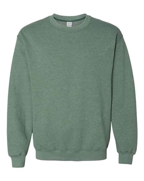A muted green Gildan 18000 Heavy Blend sweatshirt with long sleeves and crew neck, shown on a white background. Features ribbed cuffs, collar, and hem, and is made with sustainable manufacturing for lasting comfort.