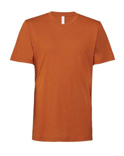 The BELLA + CANVAS 3001 is a unisex, crew-neck t-shirt with short sleeves in solid burnt orange, crafted from premium Airlume combed and ring-spun cotton, shown on a white background.