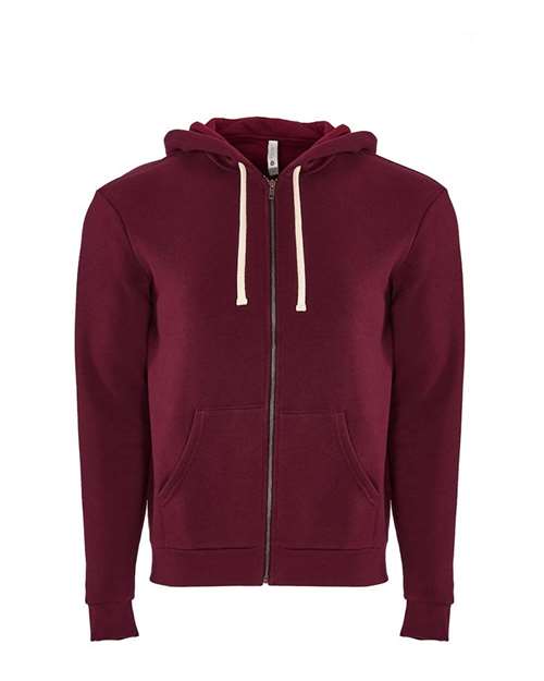 The Next Level 9602 maroon cotton hoodie features a front zipper, white drawstrings, and two front pockets—combining comfort with sustainable style—shown against a plain white background.