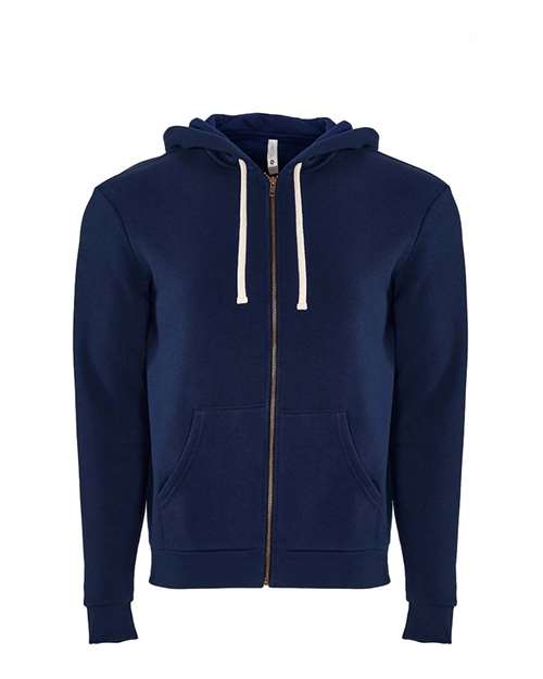 The Next Level 9602 is a navy blue cotton hoodie with white drawstrings and front pockets, made with socially conscious manufacturing, shown on a plain white background.