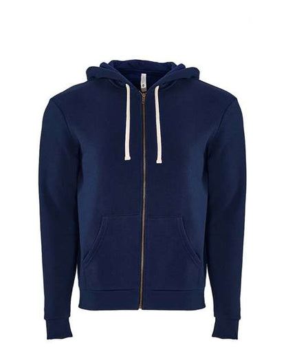 The Next Level 9602 is a navy blue cotton hoodie with white drawstrings and front pockets, made with socially conscious manufacturing, shown on a plain white background.