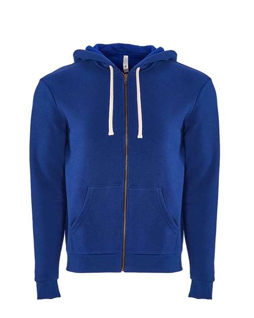 The Next Level 9602 hoodie in royal blue features a cotton build, front pocket, and white drawstrings. Ethically made, it’s showcased against a plain white background.