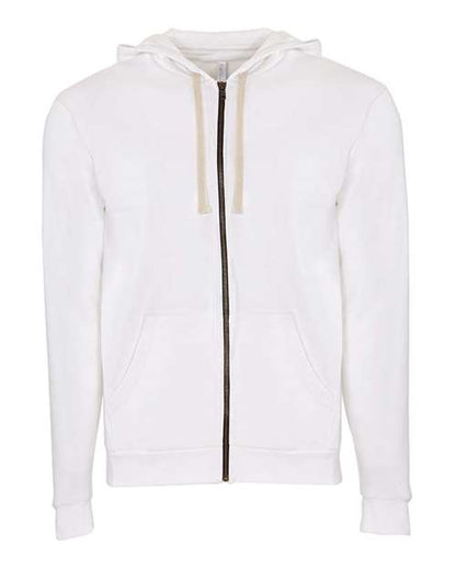 The Next Level 9602 is a white zip-up hoodie featuring two pockets and white drawstrings, crafted from cotton using socially conscious manufacturing, and shown against a white background.