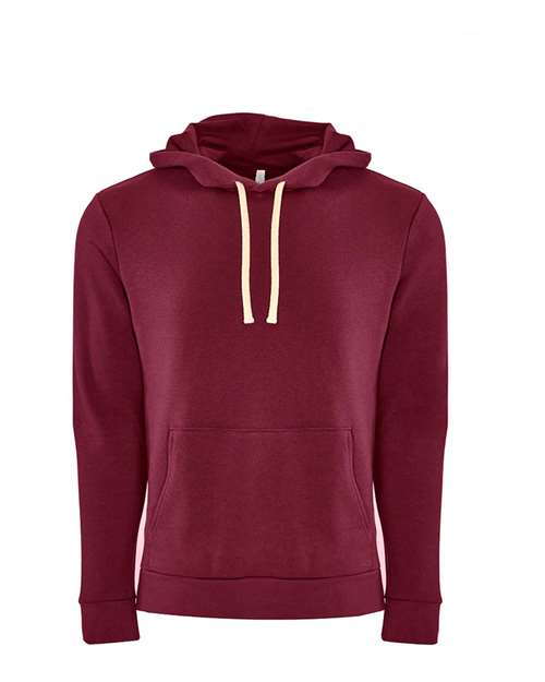 The Next Level 9303 is a plain maroon cotton-polyester hoodie featuring a jersey-lined hood, front pocket, and white drawstrings, displayed against a white background.