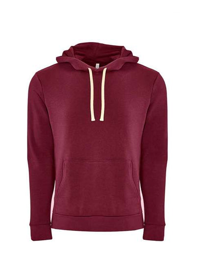 The Next Level 9303 is a plain maroon cotton-polyester hoodie featuring a jersey-lined hood, front pocket, and white drawstrings, displayed against a white background.