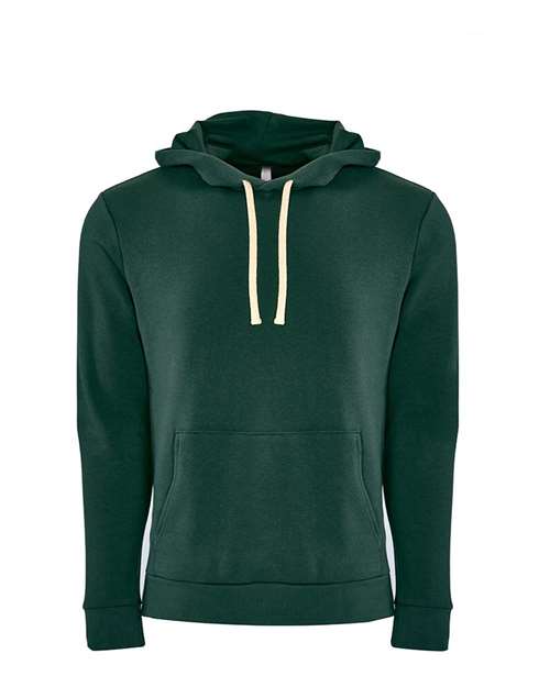 The Next Level 9303 is a dark green cotton-polyester hoodie featuring a jersey-lined hood, cream drawstrings, and front pocket, shown on a plain white background.