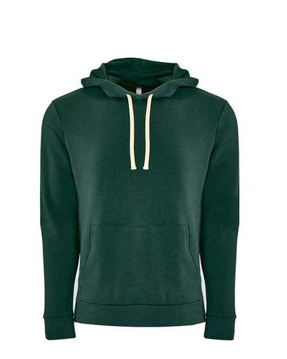 The Next Level 9303 is a dark green cotton-polyester hoodie featuring a jersey-lined hood, cream drawstrings, and front pocket, shown on a plain white background.
