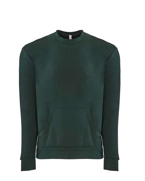 The Next Level 9001 is a unisex crewneck sweatshirt in plain dark green, featuring long sleeves, a front kangaroo pocket, and made from soft cotton/polyester fleece. Displayed on a white background.