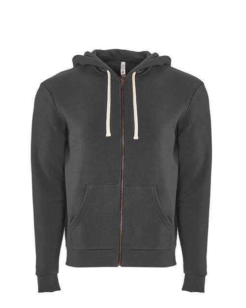 The Next Level 9602 is a dark gray cotton hoodie featuring a hood, white drawstrings, front zipper, and two front pockets—crafted with socially conscious manufacturing and shown against a plain white background.