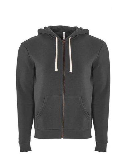 The Next Level 9602 is a dark gray cotton hoodie featuring a hood, white drawstrings, front zipper, and two front pockets—crafted with socially conscious manufacturing and shown against a plain white background.